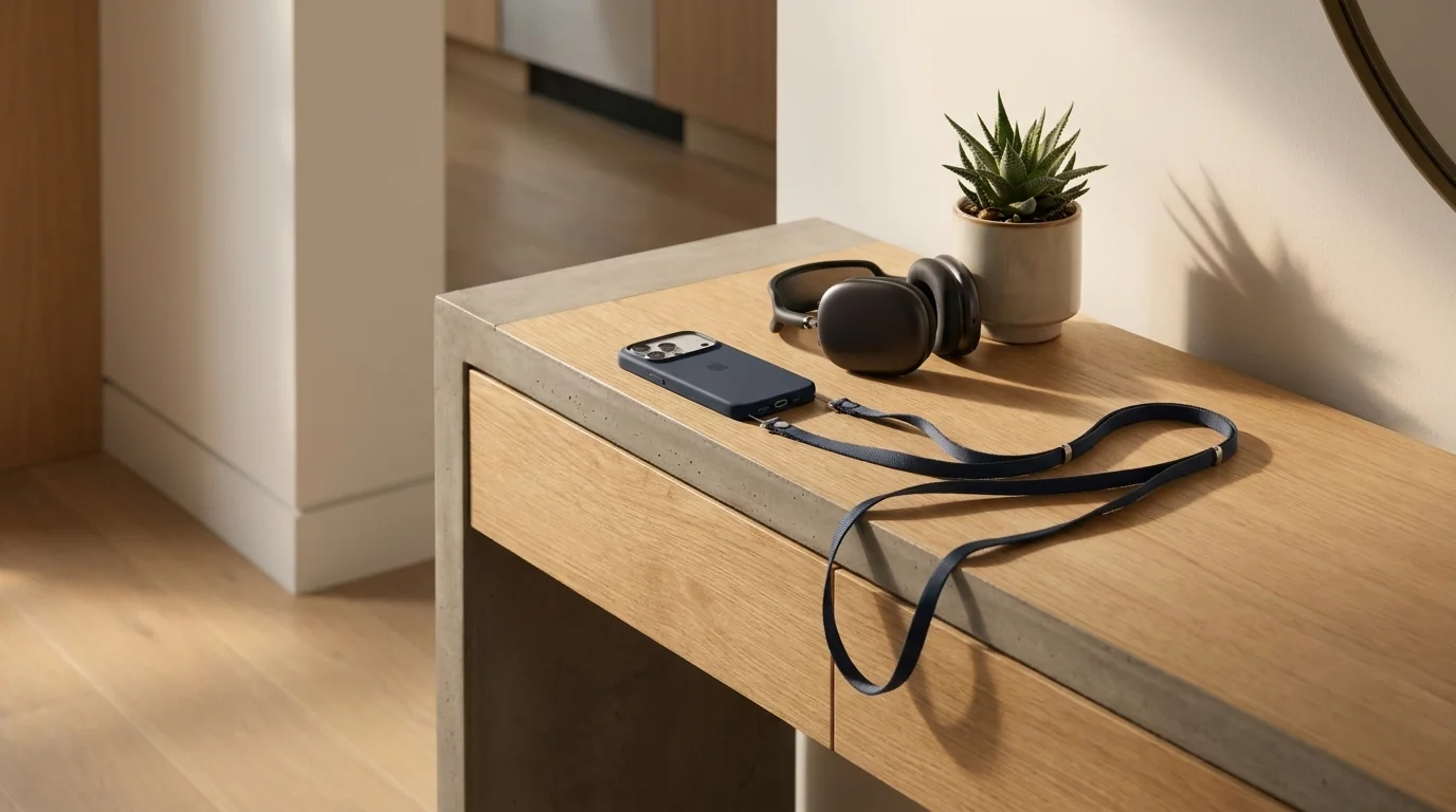 Námořnicky modrý crossbody popruh Apple připevněný k telefonu na dřevěném stolku vedle sluchátek a sukulentu.