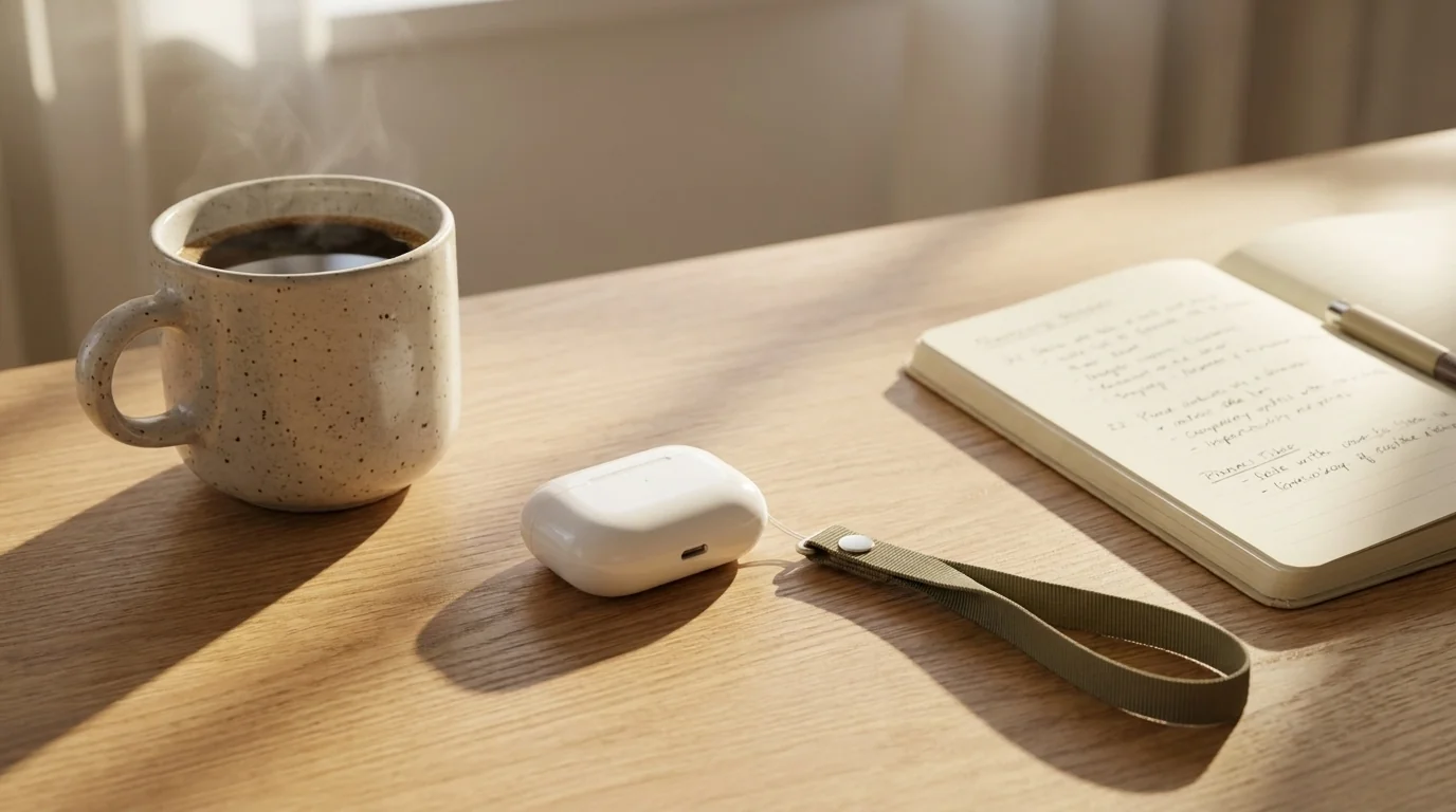 Bílé pouzdro AirPods Pro s připojenou olivově zelenou šňůrkou Apple leží na dřevěném stole vedle hrnku a zápisníku.