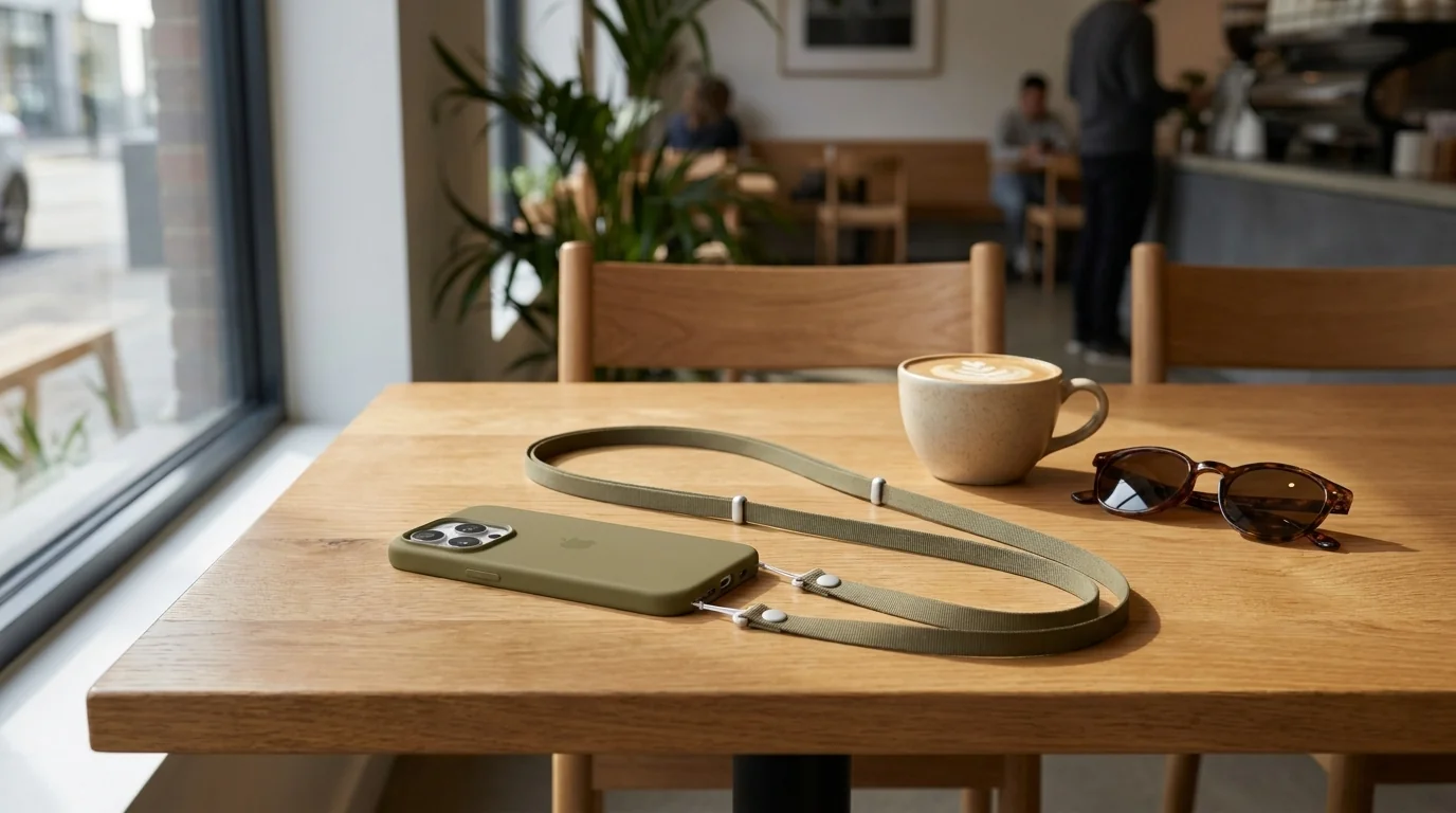 Olivový crossbody popruh Apple připnutý ke krytu telefonu na dřevěném stole vedle šálku kávy a slunečních brýlí.