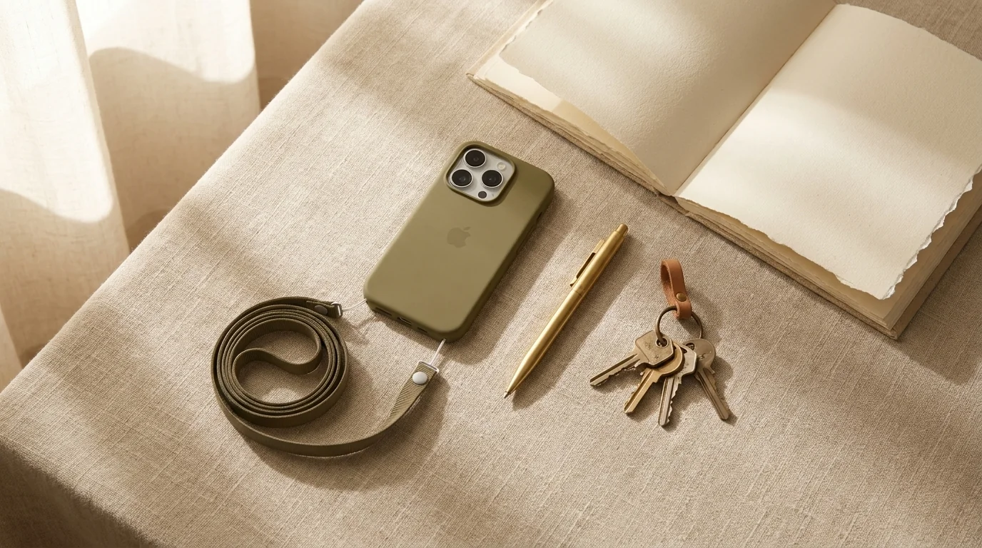 Olivový crossbody popruh Apple připojený ke krytu na iPhone leží na stole vedle pera, klíčů a otevřeného zápisníku.