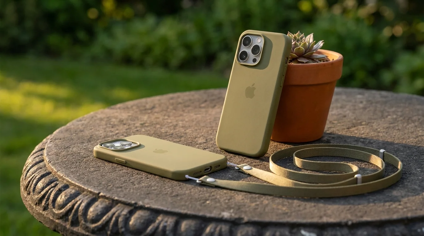Olivový crossbody popruh Apple připevněný k telefonu v olivovém krytu na kamenném stole.