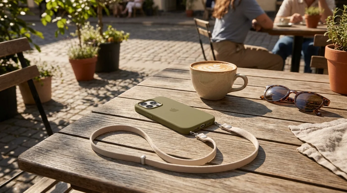 Crossbody popruh Apple Sand připevněný ke krytu na iPhone na dřevěném stole vedle šálku kávy a brýlí.