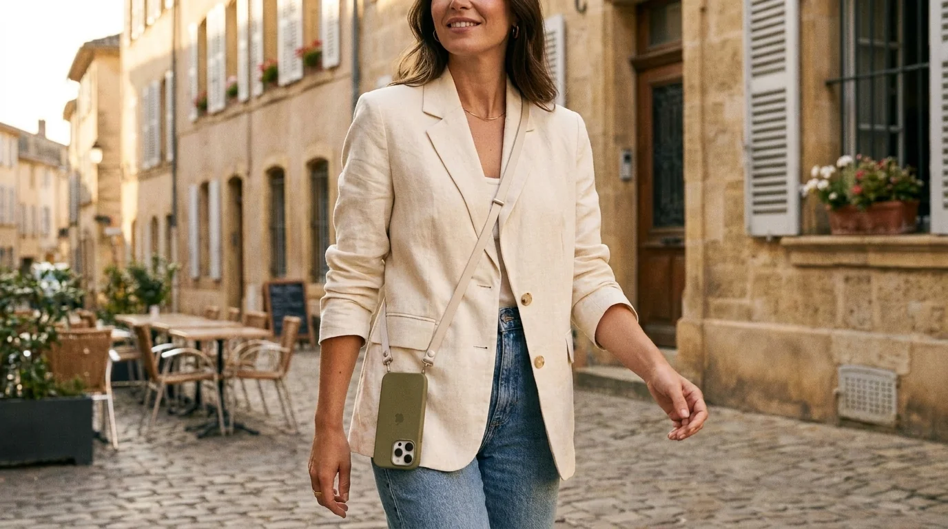 Žena kráčející po ulici má přes rameno zavěšený telefon na béžovém crossbody popruhu Apple Sand.