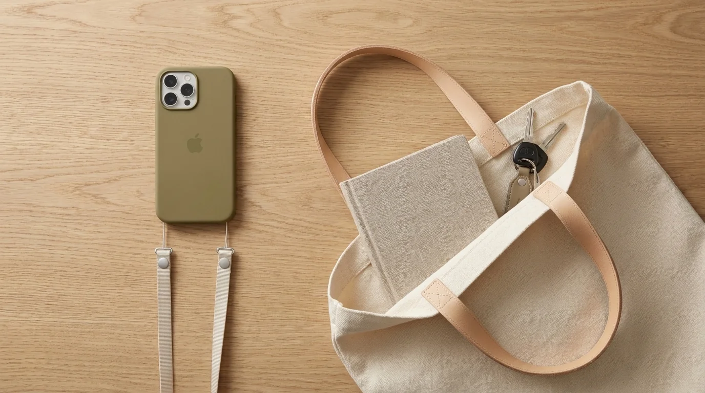 iPhone v olivovém pouzdře s béžovým crossbody popruhem Apple Sand vedle plátěné tašky na dřevěném stole.