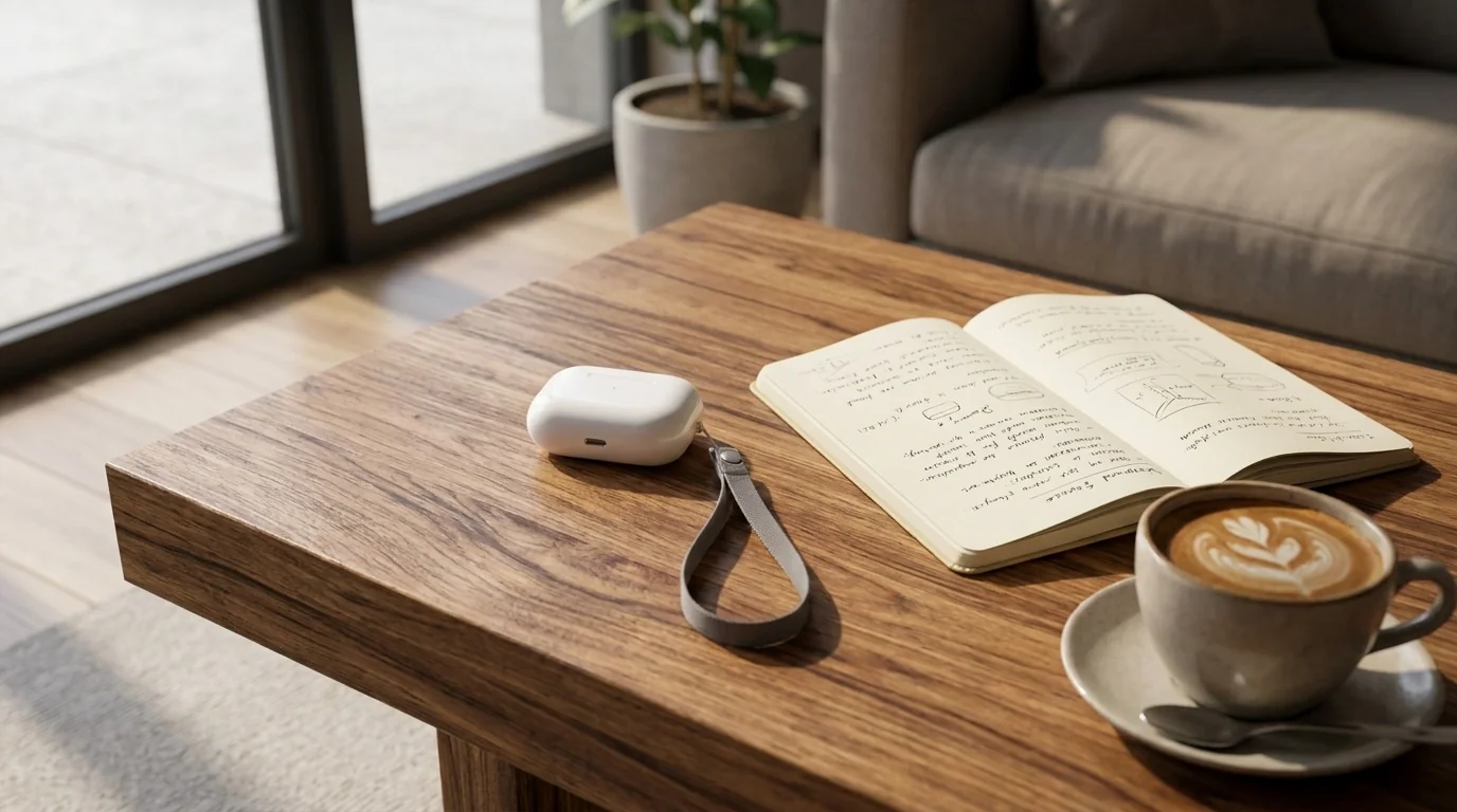 Pouzdro AirPods Pro se šňůrkou na zápěstí Apple Taupe položené na dřevěném stole vedle zápisníku a šálku kávy.