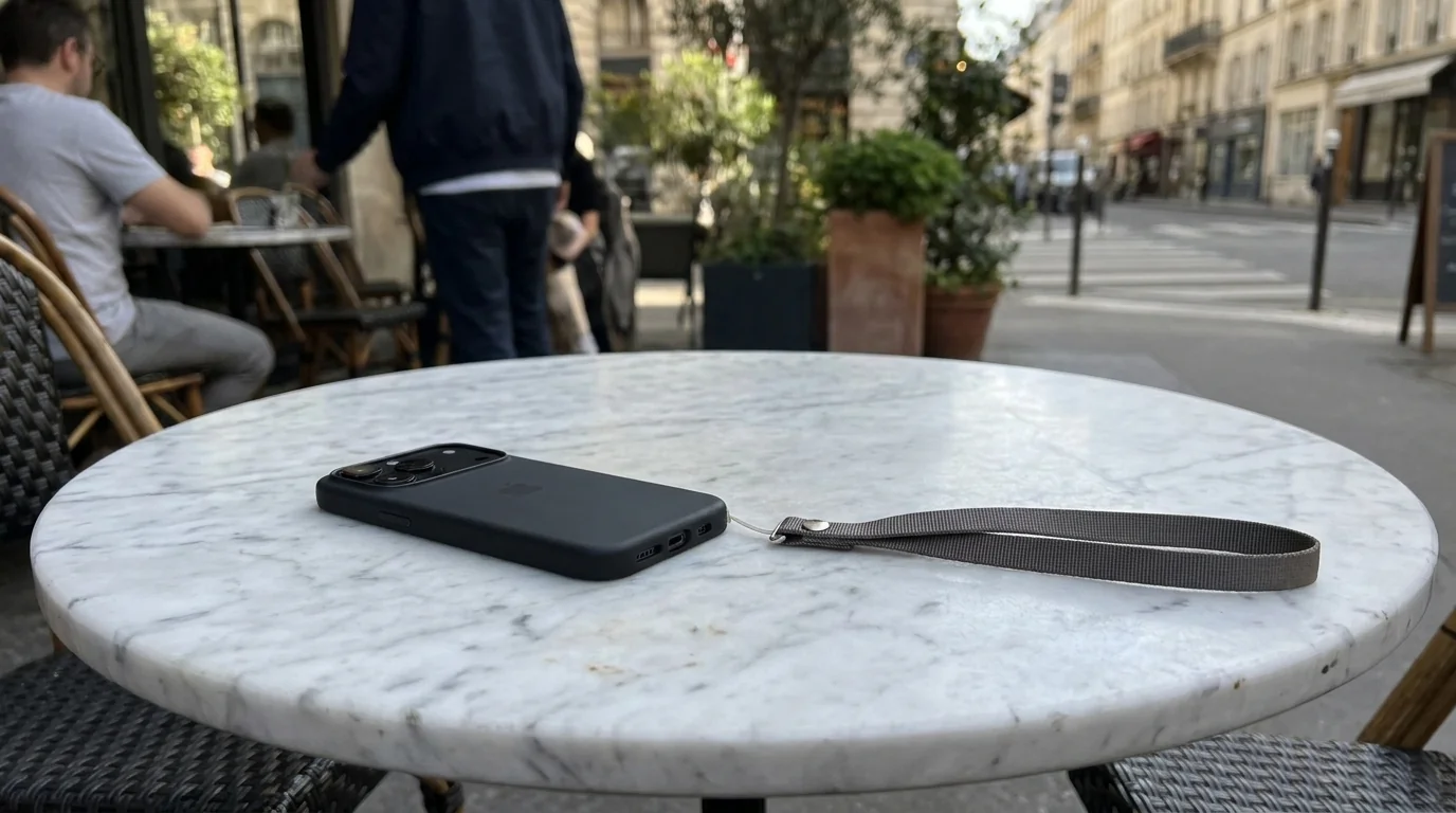 Černý iPhone v pouzdře s připnutou šňůrkou na zápěstí Apple Taupe leží na kulatém mramorovém stolku.