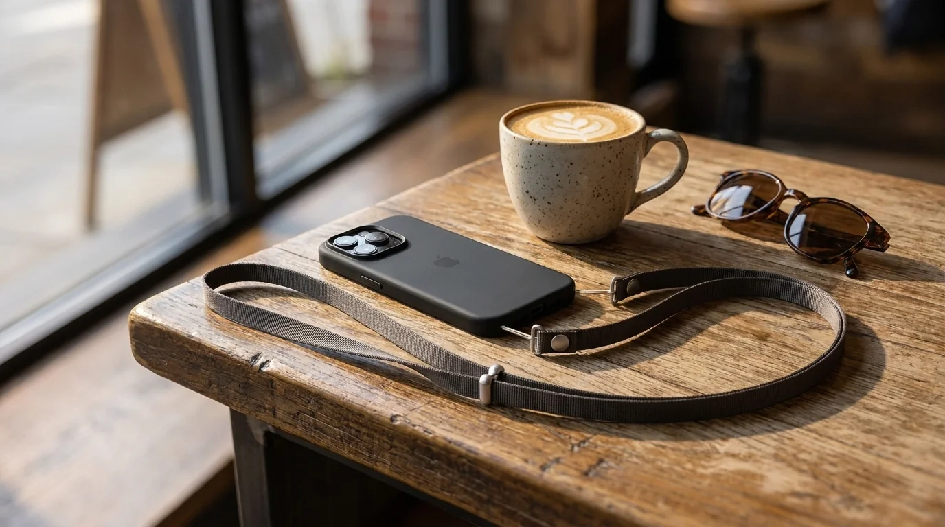 Crossbody popruh Apple kouřový připevněný k telefonu na dřevěném stole vedle šálku kávy a slunečních brýlí.