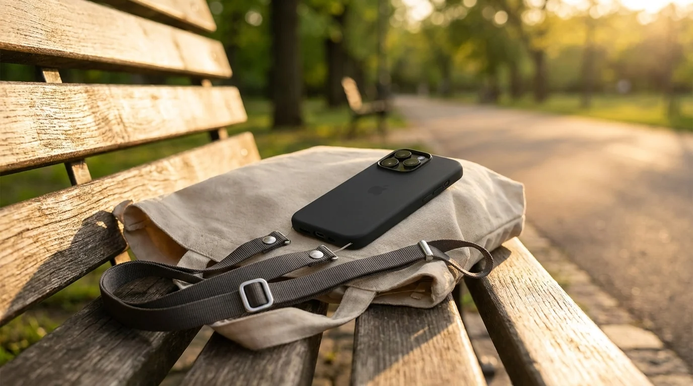 Kouřový crossbody popruh Apple připnutý k telefonu iPhone na plátěné tašce položené na dřevěné lavičce v parku.