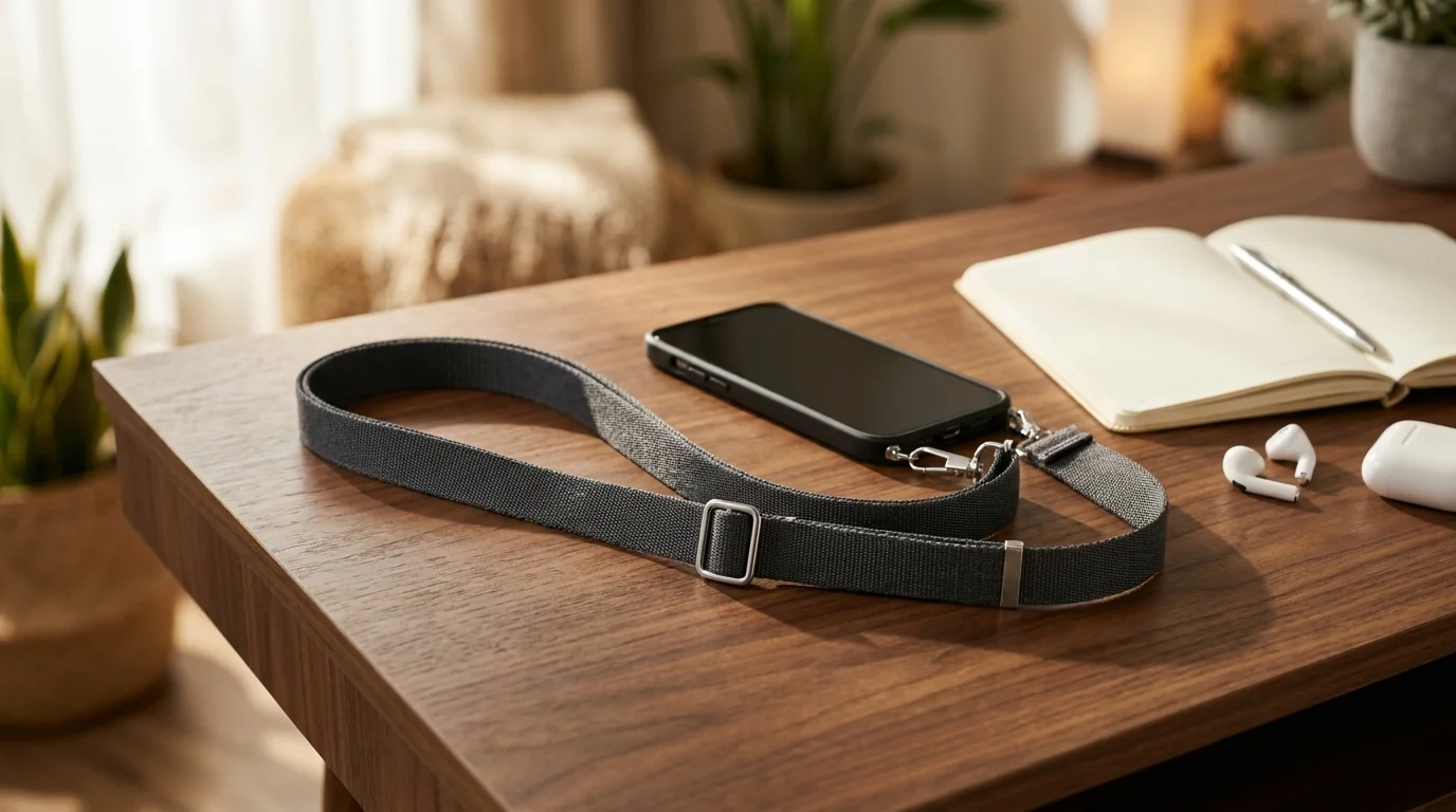 Kouřový crossbody popruh Apple připojený k telefonu na dřevěném stole vedle otevřeného zápisníku a sluchátek.