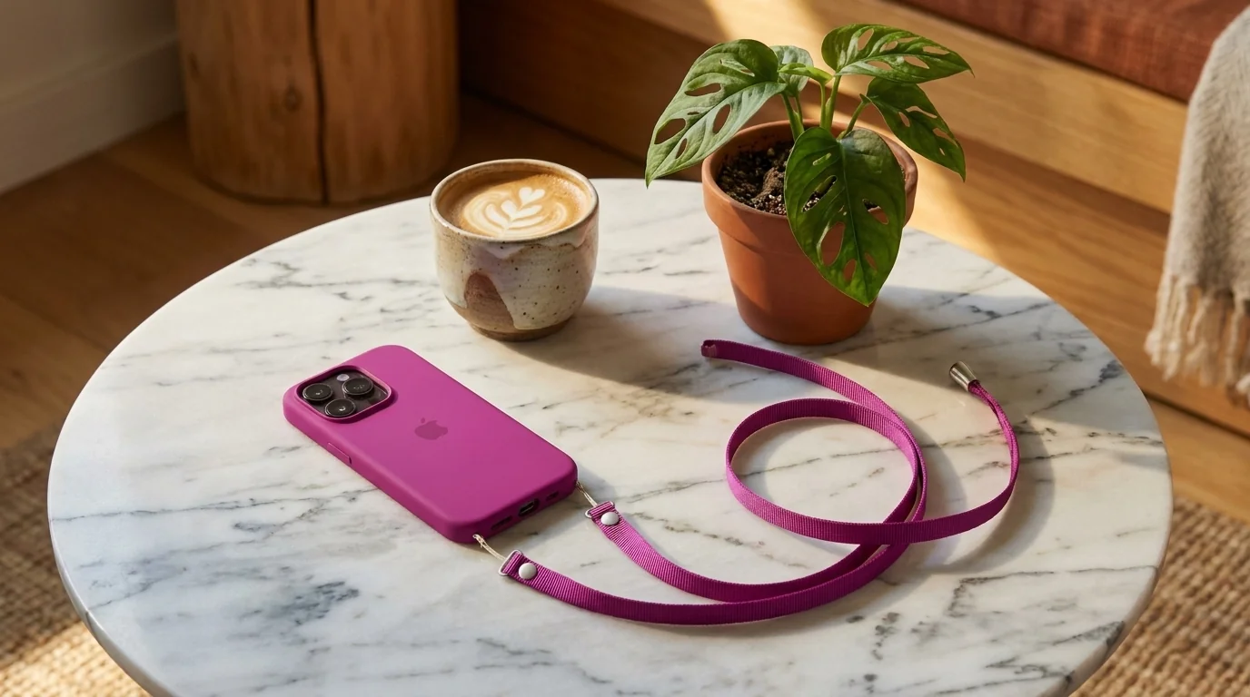 Fialový crossbody popruh Apple připnutý k telefonu v krytu na mramorovém stolku vedle šálku kávy a rostliny v květináči.