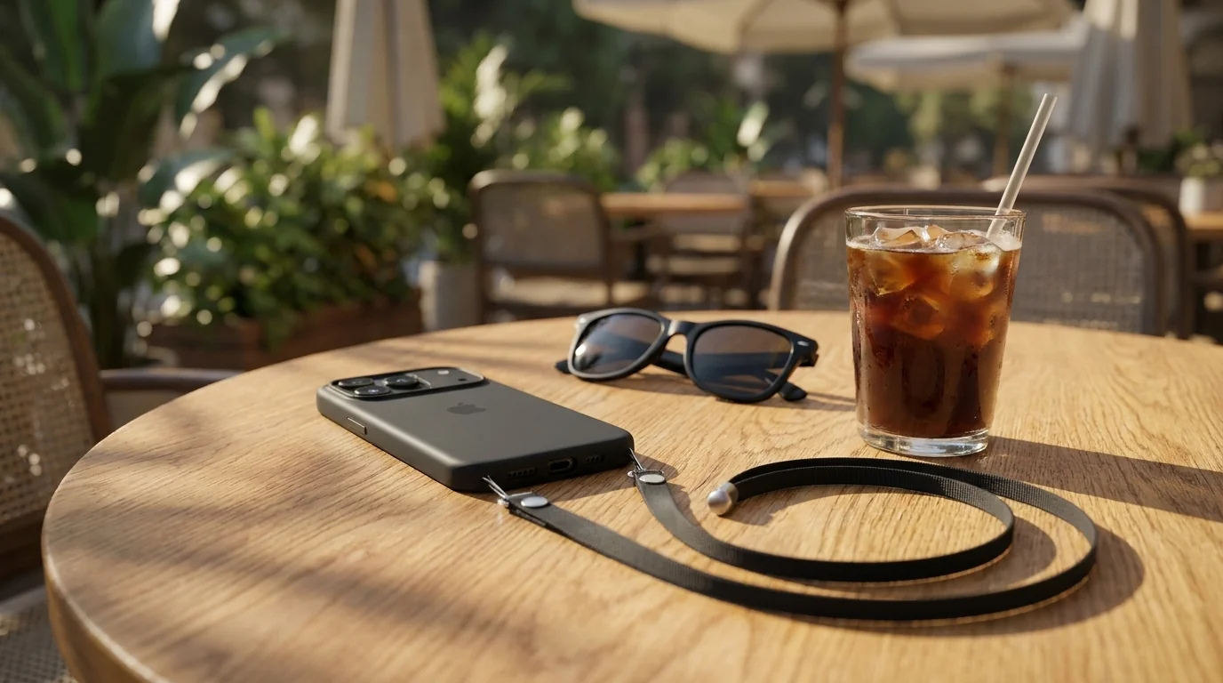 Černý crossbody popruh Apple připnutý k pouzdru telefonu na dřevěném stole vedle slunečních brýlí a ledového nápoje.