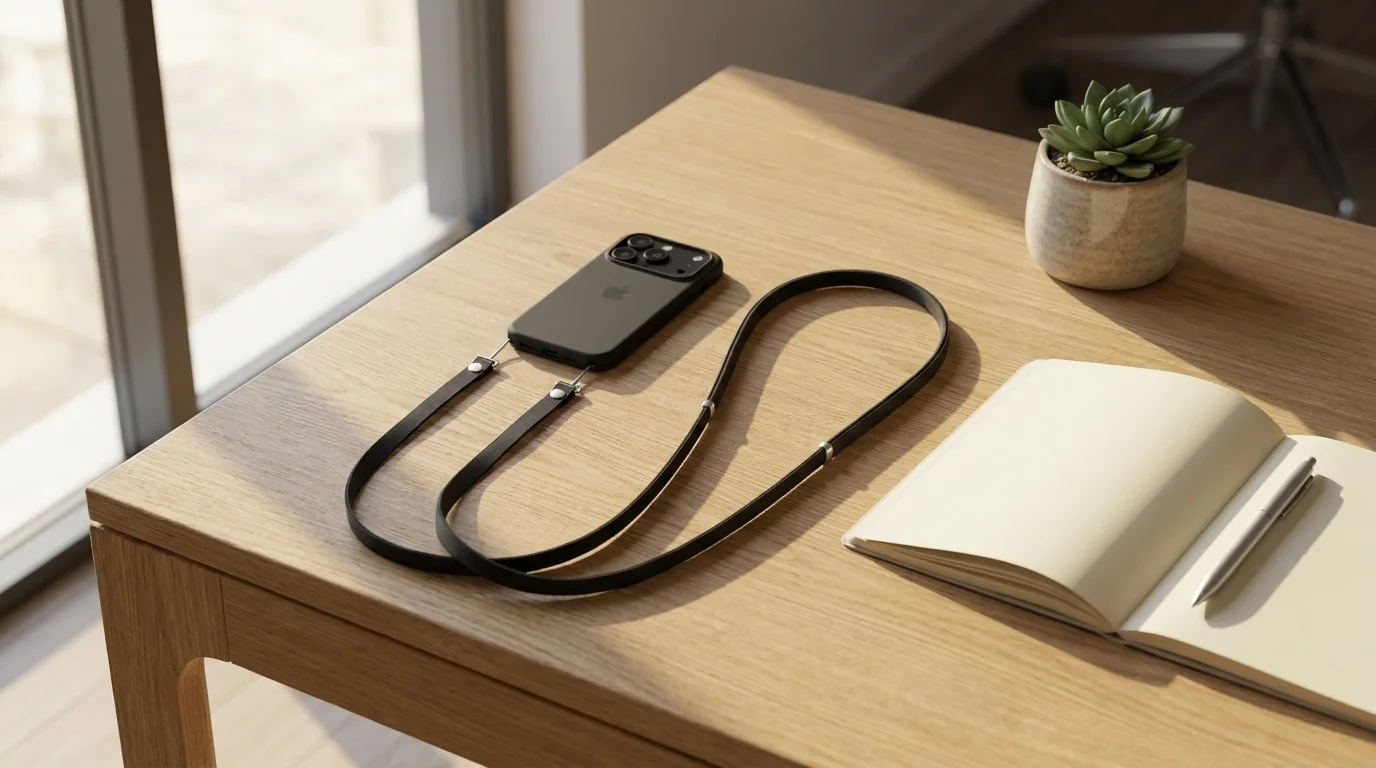 Černý crossbody popruh Apple připnutý k pouzdru telefonu leží na dřevěném stole vedle zápisníku a květináče.