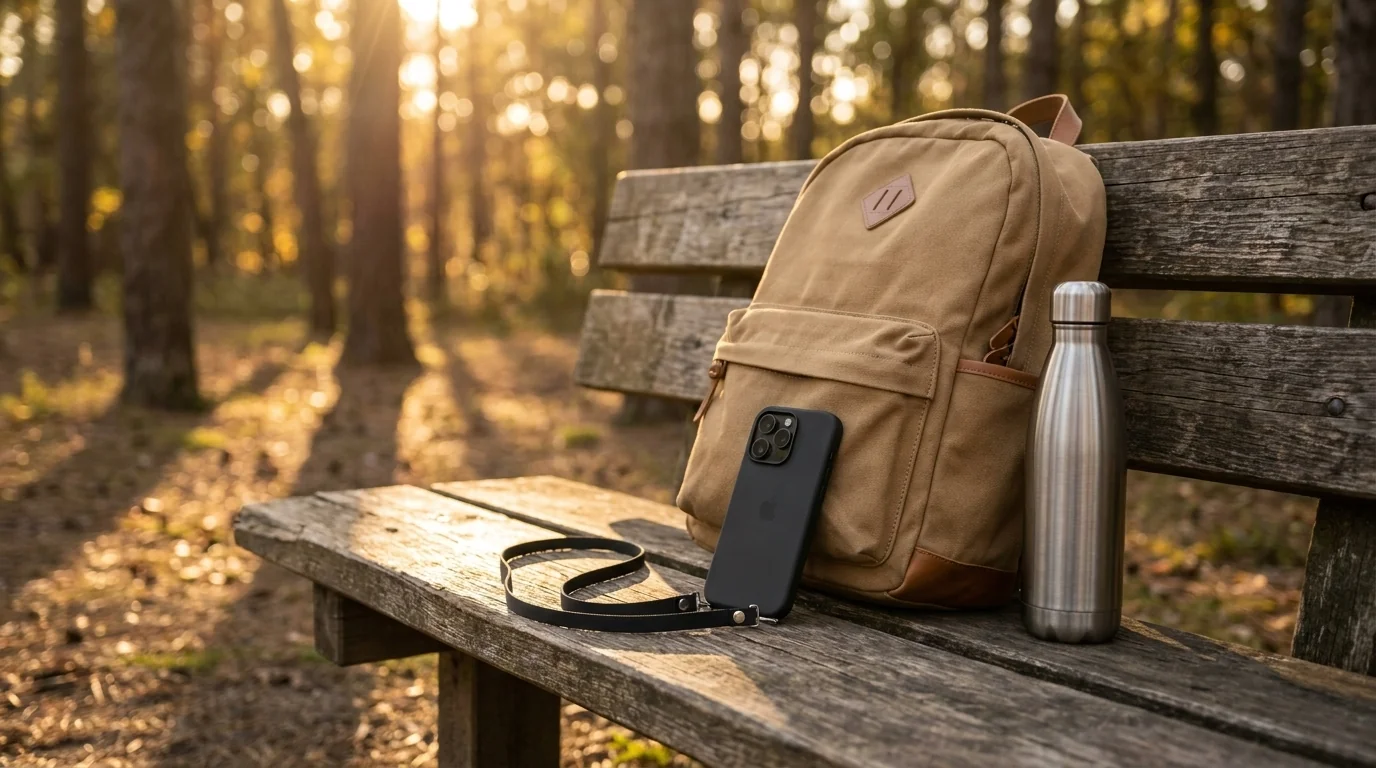 Černý crossbody popruh Apple připnutý k telefonu iPhone opřenému o batoh na dřevěné lavičce.
