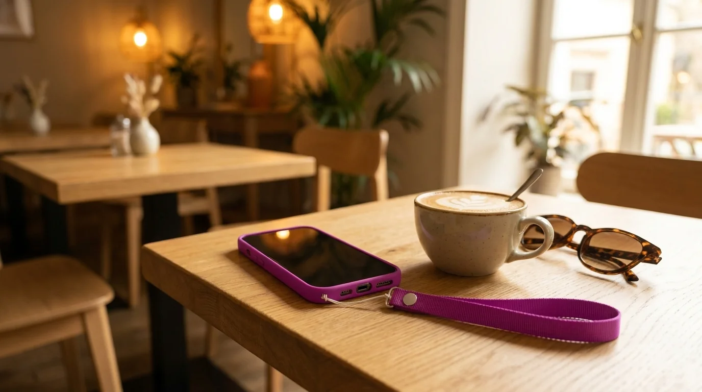 Magentová šňůrka na zápěstí Apple připevněná k iPhonu na dřevěném stole vedle šálku kávy a slunečních brýlí.