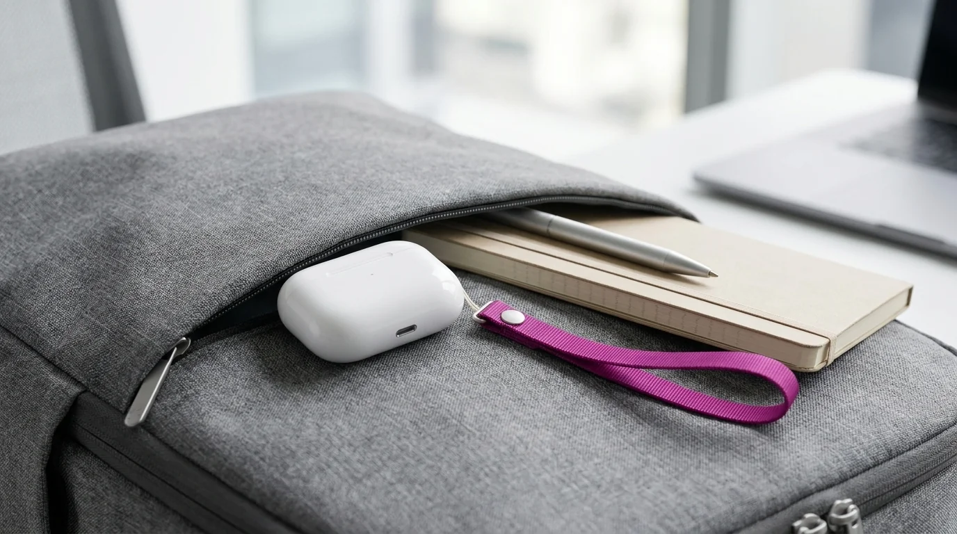 Magentová šňůrka na zápěstí Apple připevněná k pouzdru sluchátek AirPods Pro ležícímu na šedém batohu.