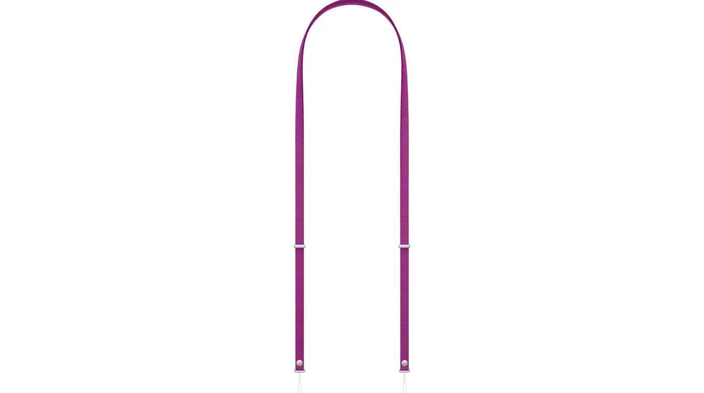 Fialový crossbody popruh Apple s posuvnými mechanismy z nerezové oceli a úchyty na koncích.