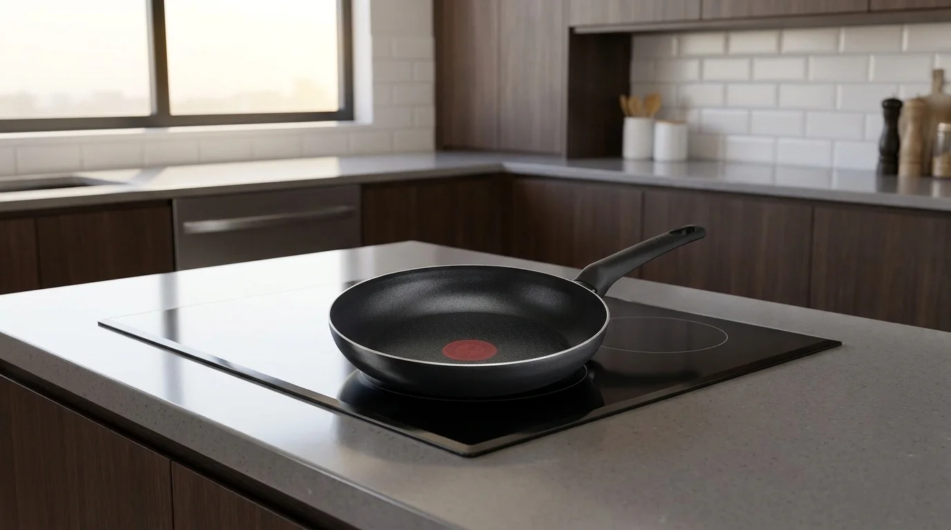 Černá pánev Tefal Simple Cook s červeným indikátorem Thermo-Signal položená na varné desce v kuchyni.