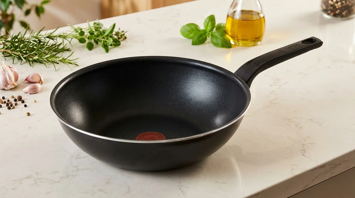 Hluboká pánev wok Tefal s indikátorem Thermo-Signal na kuchyňské lince vedle bylinek a olivového oleje.