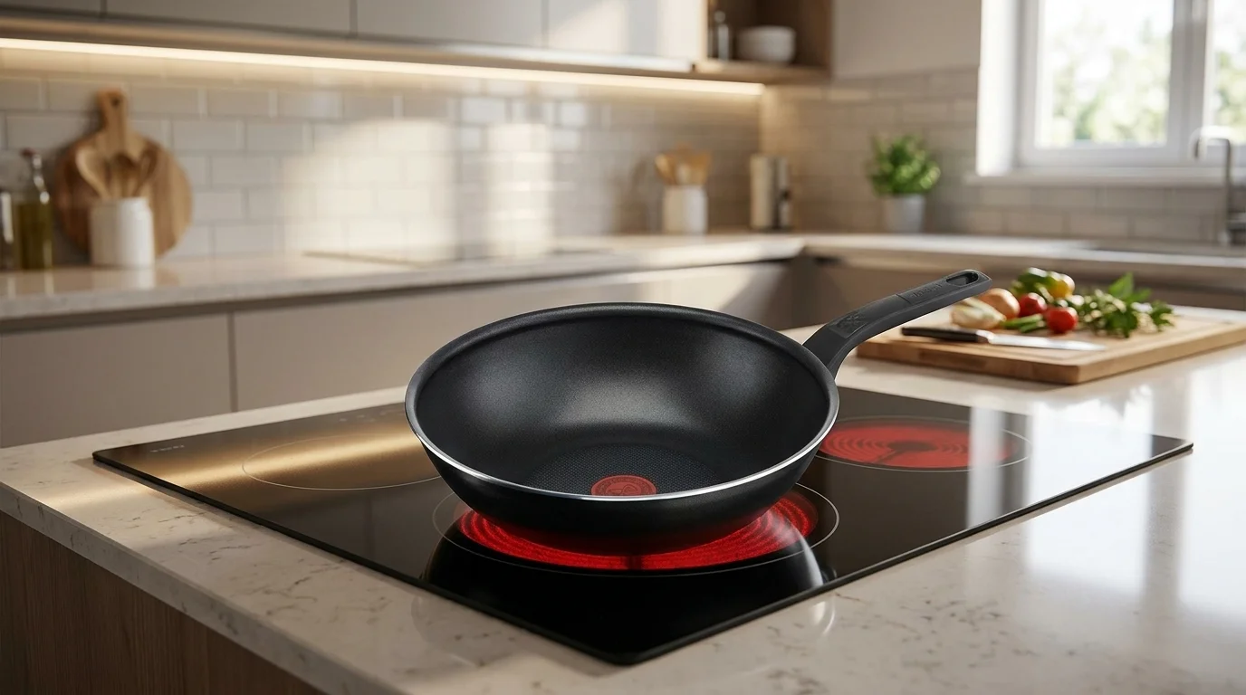 Hluboká wok pánev Tefal s indikátorem Thermo-Signal položená na rozehřáté varné desce v kuchyni.
