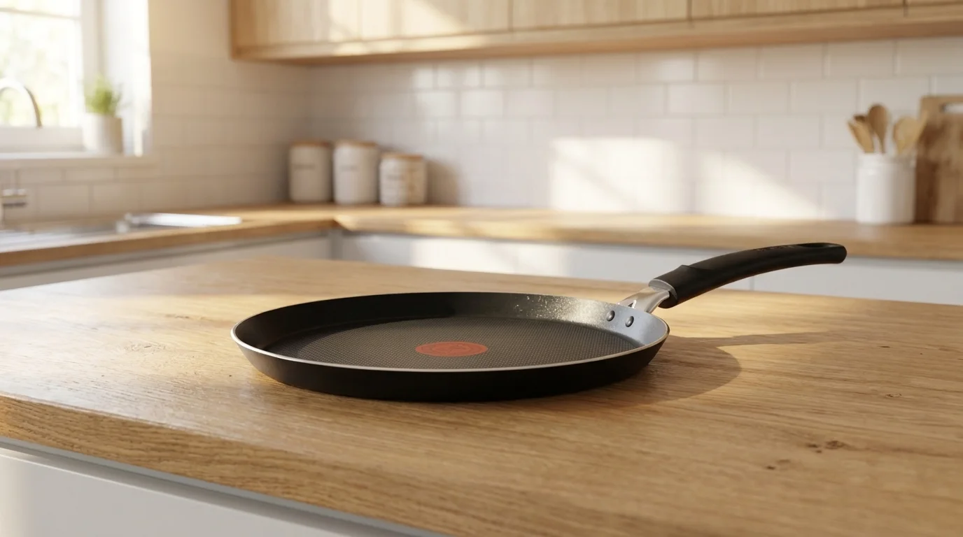 Černá palačinková pánev Tefal s nepřilnavým povrchem a červeným indikátorem položená na dřevěné kuchyňské lince.