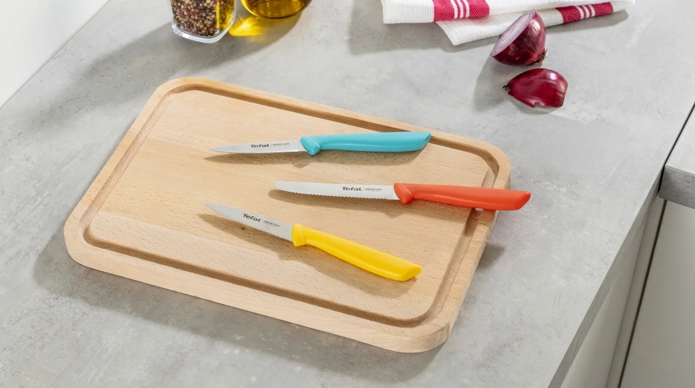 Tři nože Tefal Colorfood s modrou, červenou a žlutou rukojetí na dřevěném krájecím prkénku.
