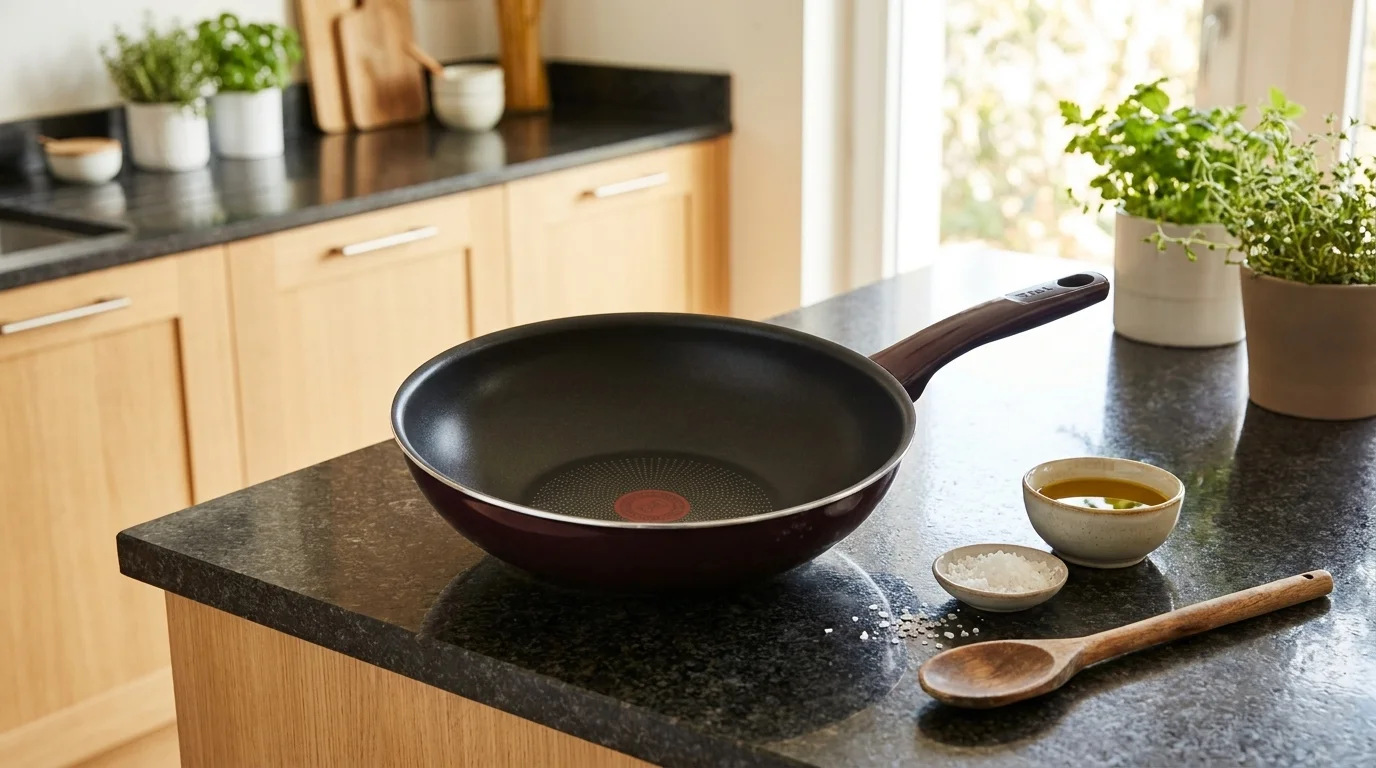 Pánev wok Tefal D5221983 na kuchyňské lince vedle dřevěné vařečky a misek se solí a olejem.