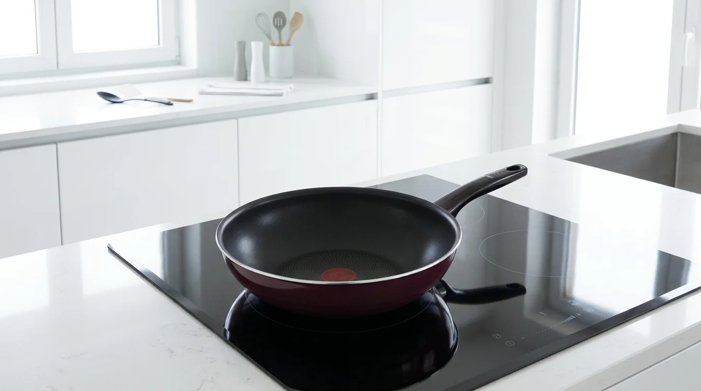 Pánev wok Tefal s indikátorem Thermo-Signal položená na černé varné desce ve světlé moderní kuchyni.