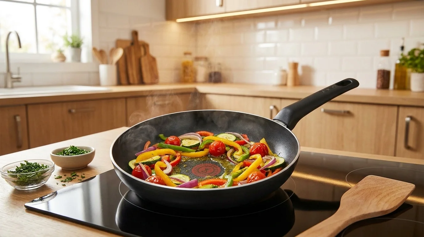 Pánev Tefal plná restované zeleniny na varné desce v kuchyni.