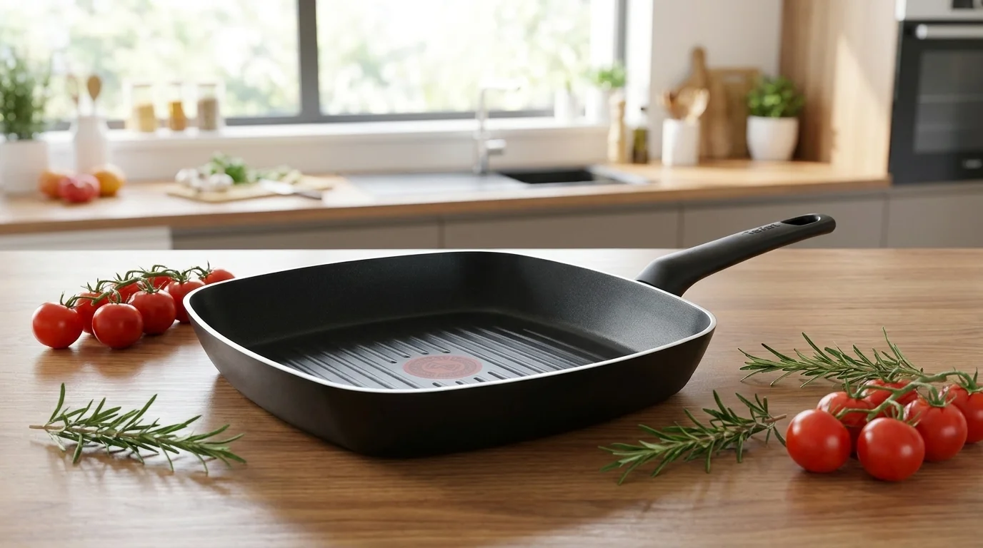 Černá grilovací pánev Tefal s vroubkovaným dnem a indikátorem Thermo-Signal na dřevěném stole vedle rajčat a rozmarýnu.