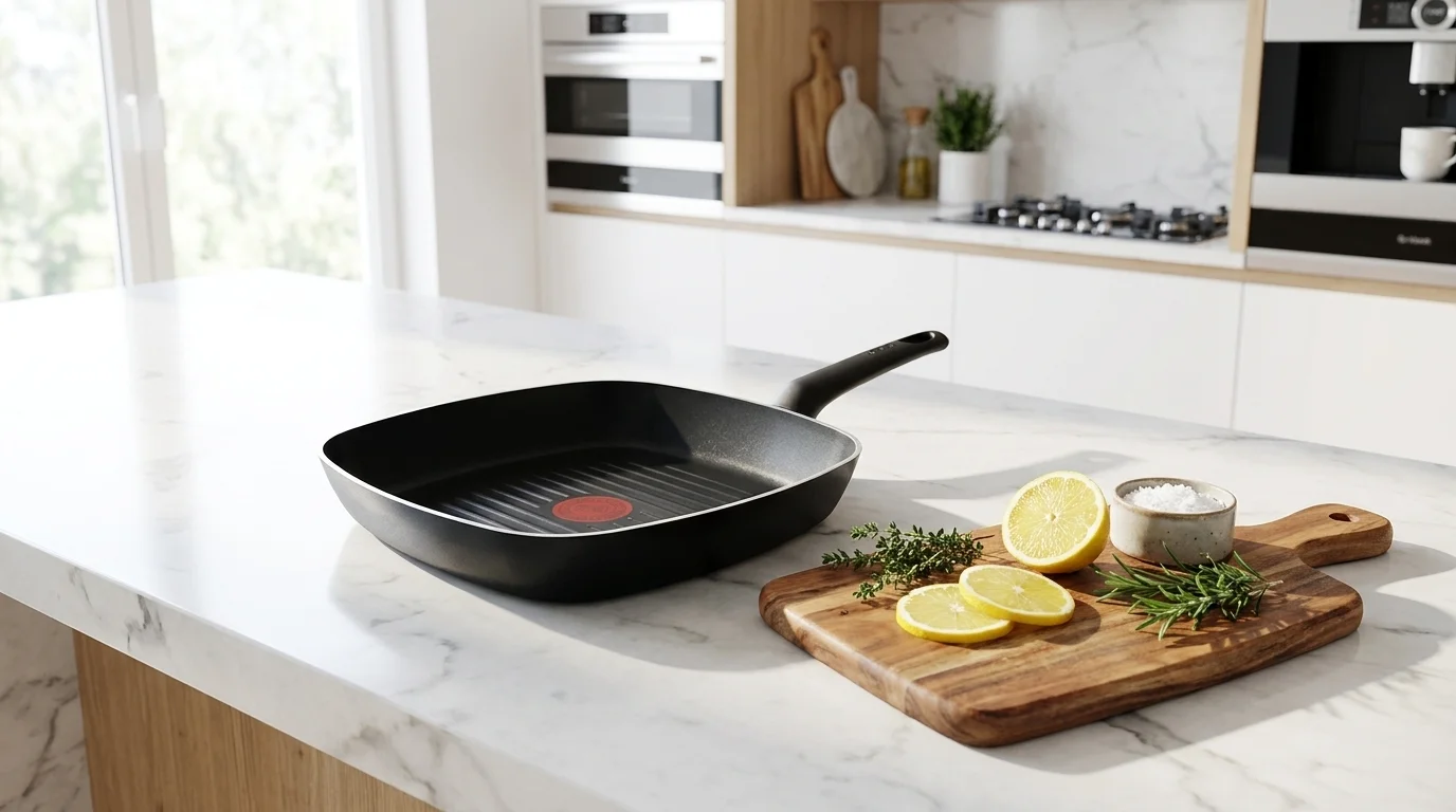 Čtvercová grilovací pánev Tefal na kuchyňské lince vedle dřevěného prkénka s plátky citronu, bylinkami a solí.