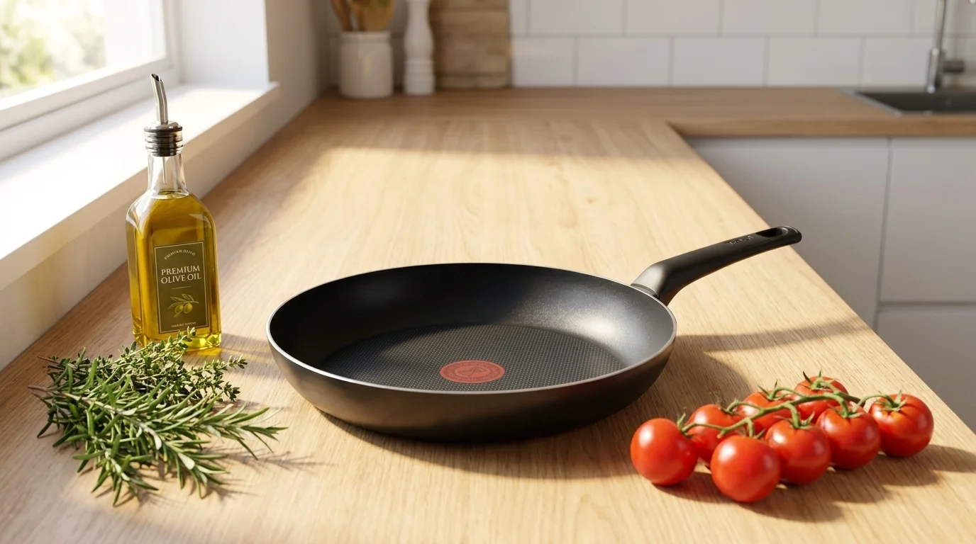 Černá pánev Tefal Simple Cook položená na dřevěné kuchyňské lince vedle lahve olivového oleje, rozmarýnu a cherry rajčat.