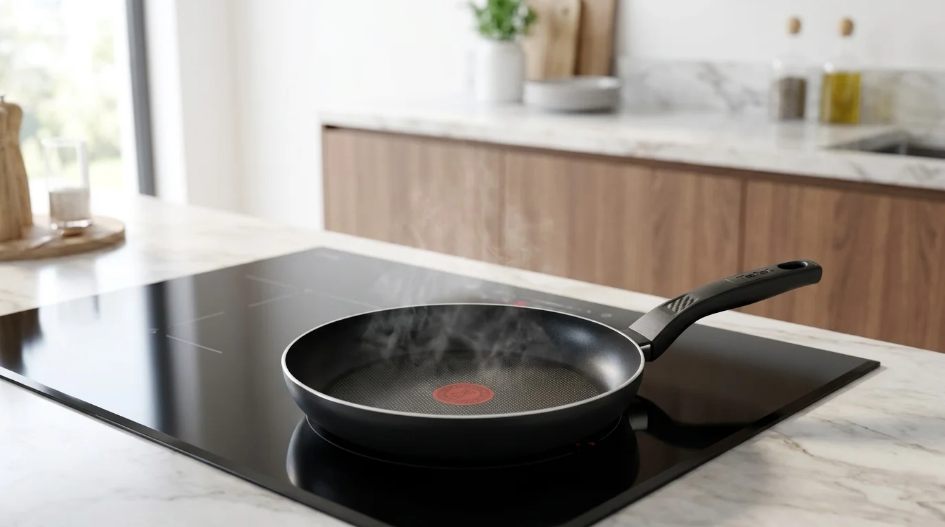Černá pánev Tefal Simple Cook na varné desce, ze které stoupá lehká pára.
