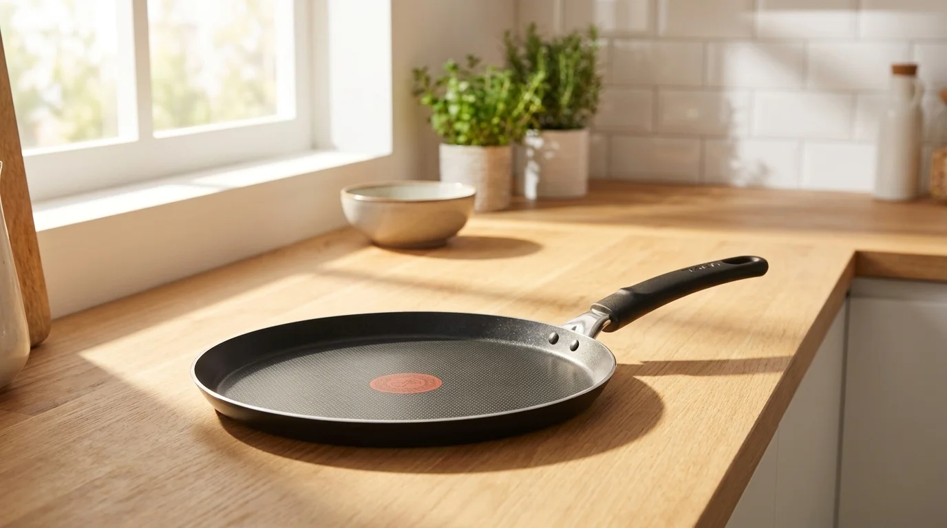 Palačinková pánev Tefal s nízkým okrajem a indikátorem Thermo-Signal položená na dřevěné kuchyňské lince.