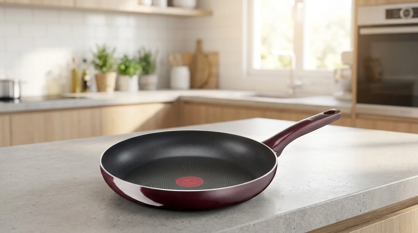 Vínová pánev Tefal Resist Intense s černým nepřilnavým povrchem a indikátorem Thermo-Signal na kuchyňské lince.