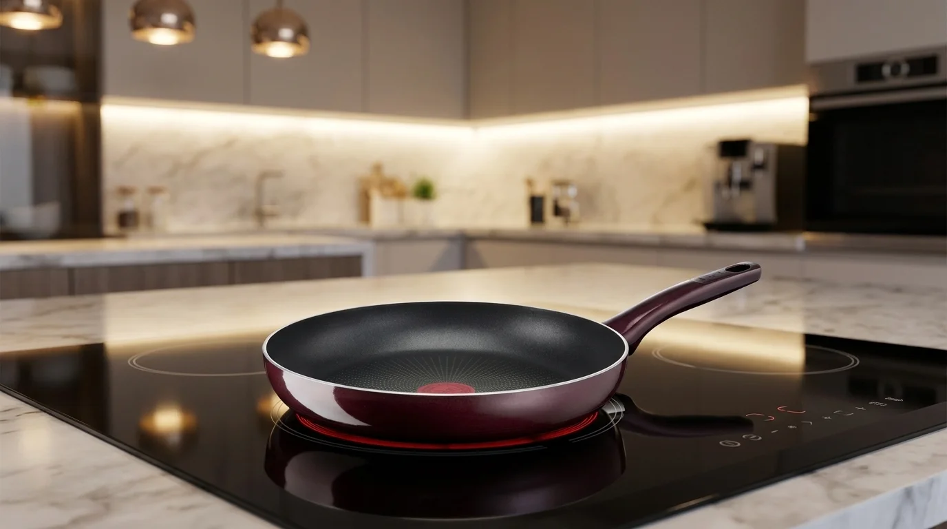 Vínová pánev Tefal Resist Intense s nepřilnavým povrchem a indikátorem Thermo-Signal na černé varné desce v moderní kuchyni.