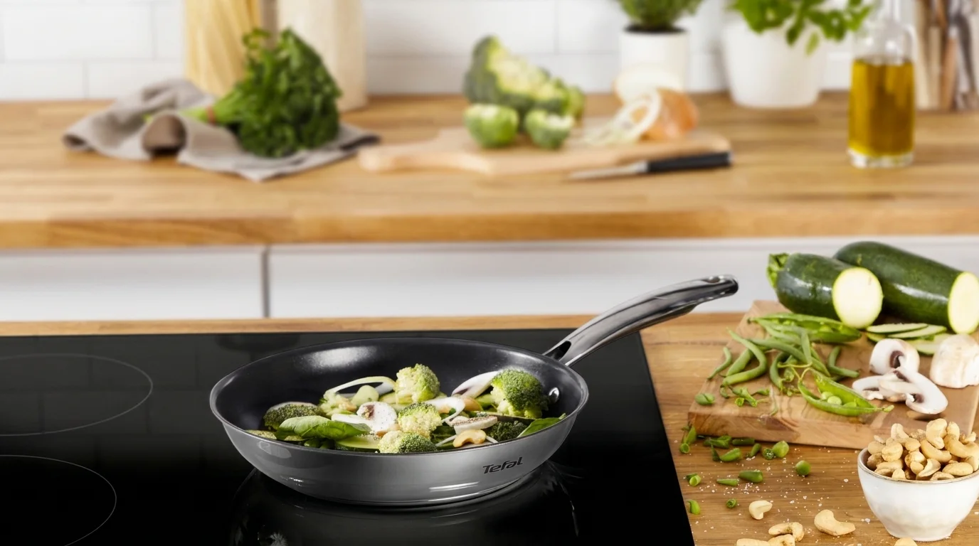 Nerezová pánev Tefal Duetto+ se smaženou zeleninou na černé indukční desce.