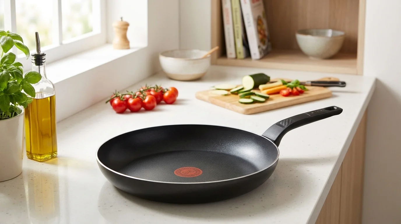 Černá pánev Tefal s červeným indikátorem Thermo-Signal na kuchyňské lince vedle čerstvé zeleniny a oleje.