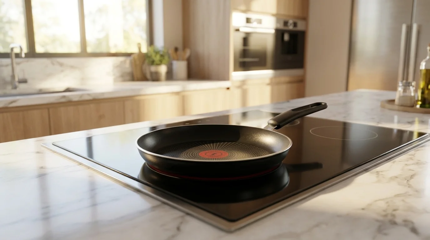 Černá pánev Tefal s nepřilnavým povrchem a indikátorem Thermo-Signal na varné desce v moderní kuchyni.