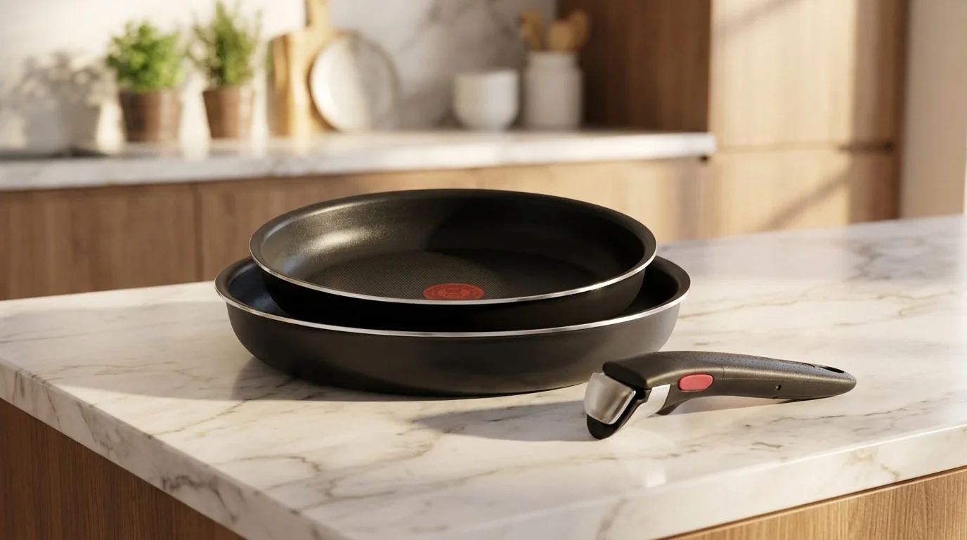 Dvě černé stohované pánve Tefal Ingenio a odnímatelná rukojeť položené na mramorové kuchyňské lince.