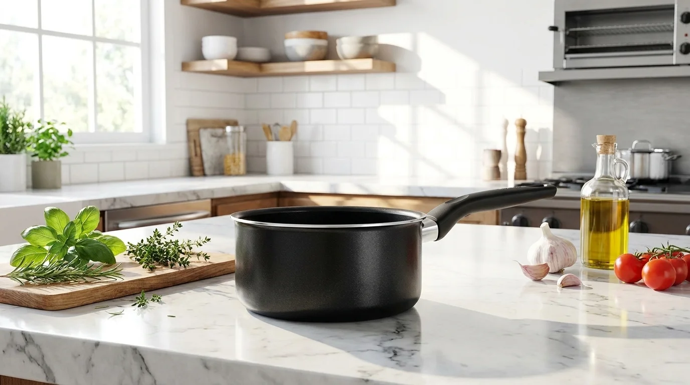 Černý rendlík Tefal Ingenio s rukojetí na mramorové kuchyňské lince doplněný čerstvými bylinkami a zeleninou.