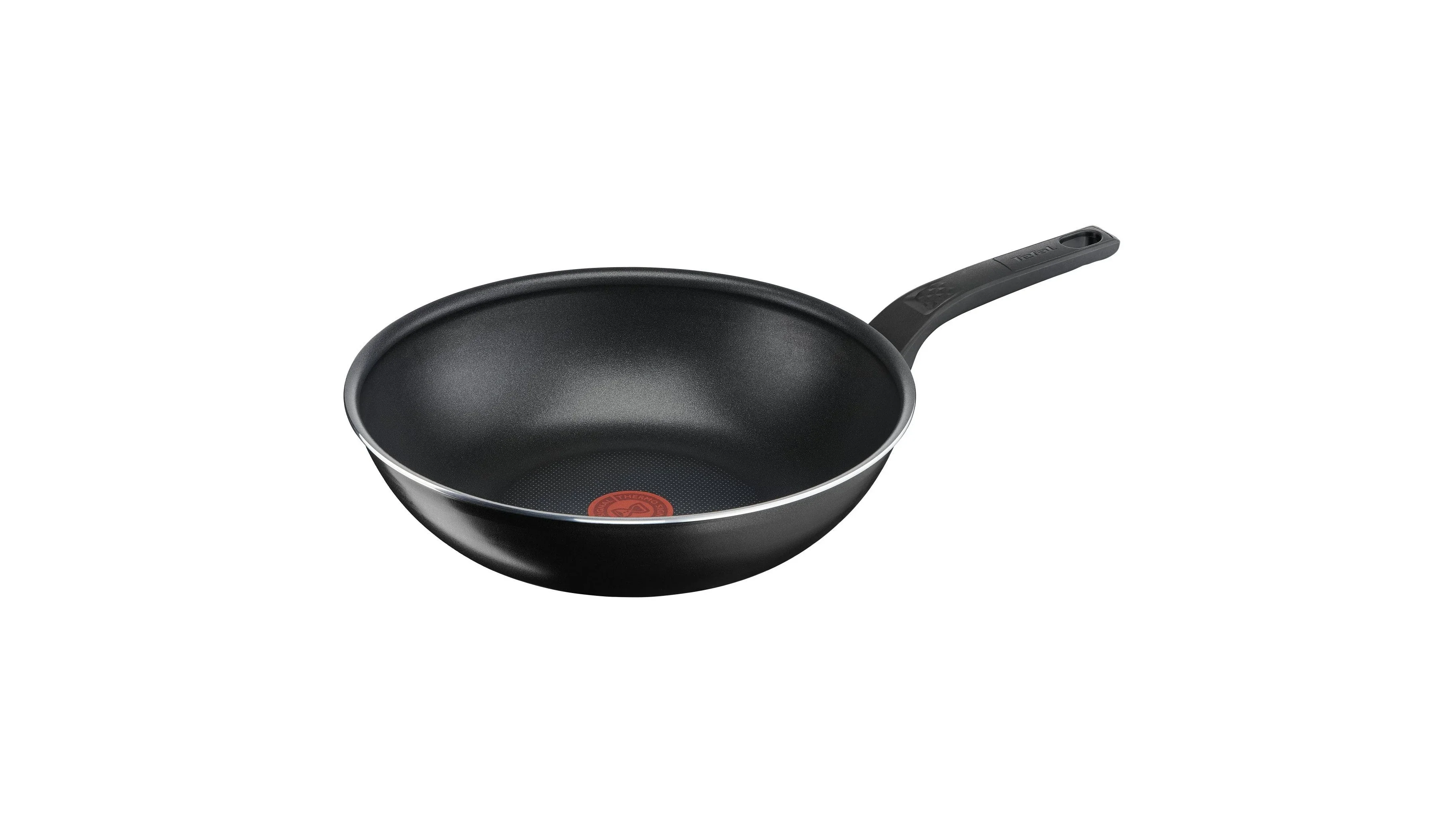 Černá wok pánev Tefal s nepřilnavým povrchem, dlouhou rukojetí a červeným indikátorem Thermo-Signal uprostřed.