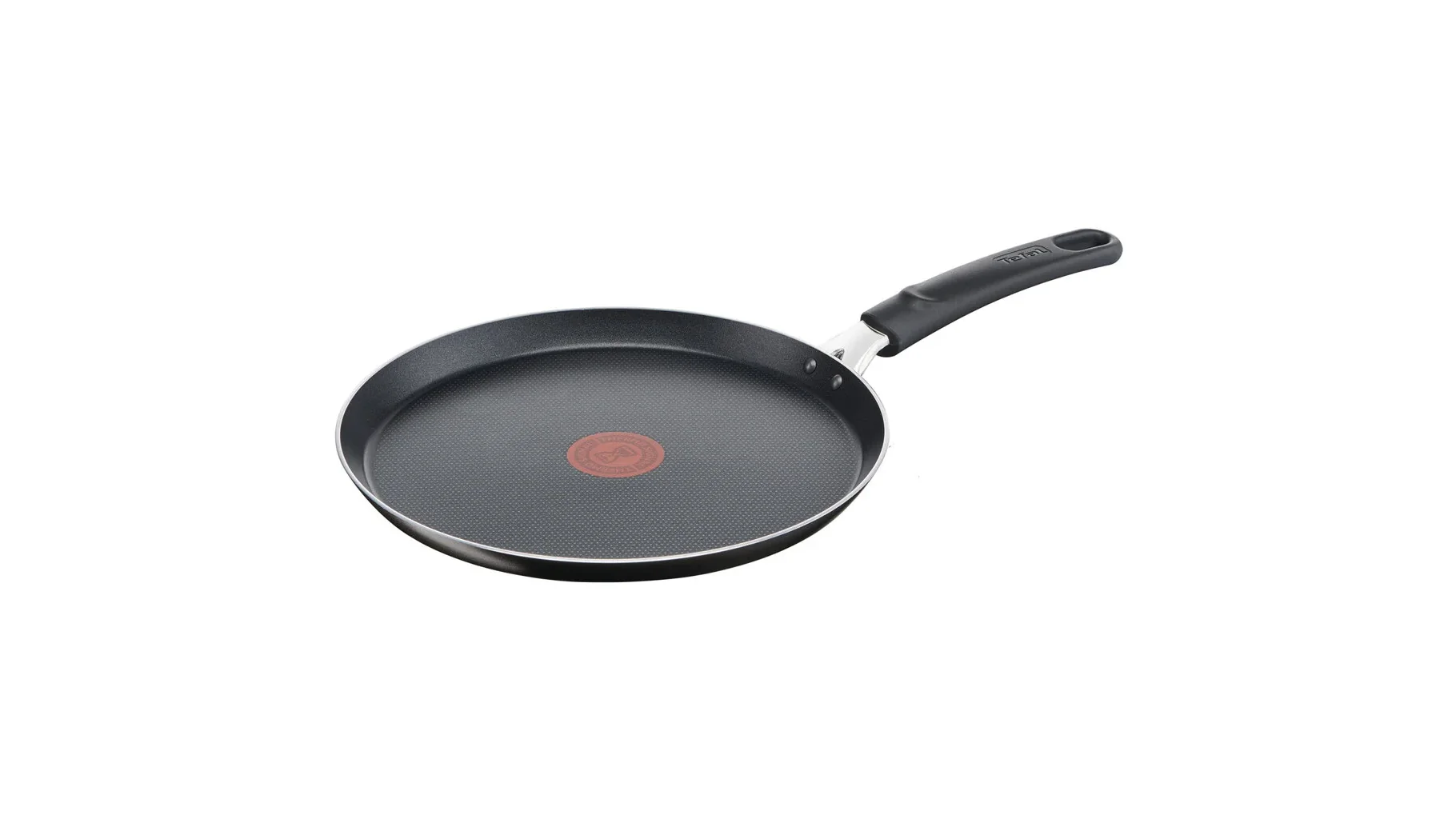 Černá palačinková pánev Tefal B5561053 s nízkým okrajem, nepřilnavým povrchem a červeným indikátorem teploty uprostřed.