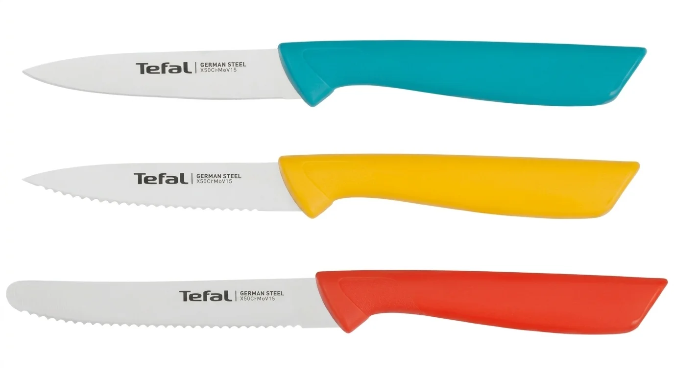 Tři kuchyňské nože Tefal s nerezovými čepelemi a barevnými rukojeťmi v modré, žluté a červené barvě.