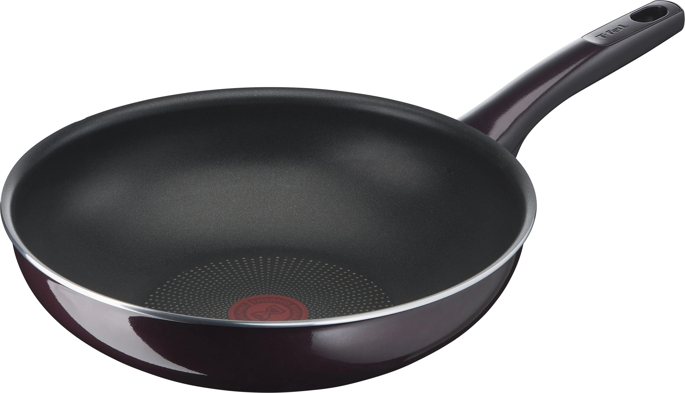 Hluboká pánev wok Tefal s nepřilnavým vnitřním povrchem, červeným indikátorem Thermo-Signal a tmavě vínovým vnějším pláštěm.