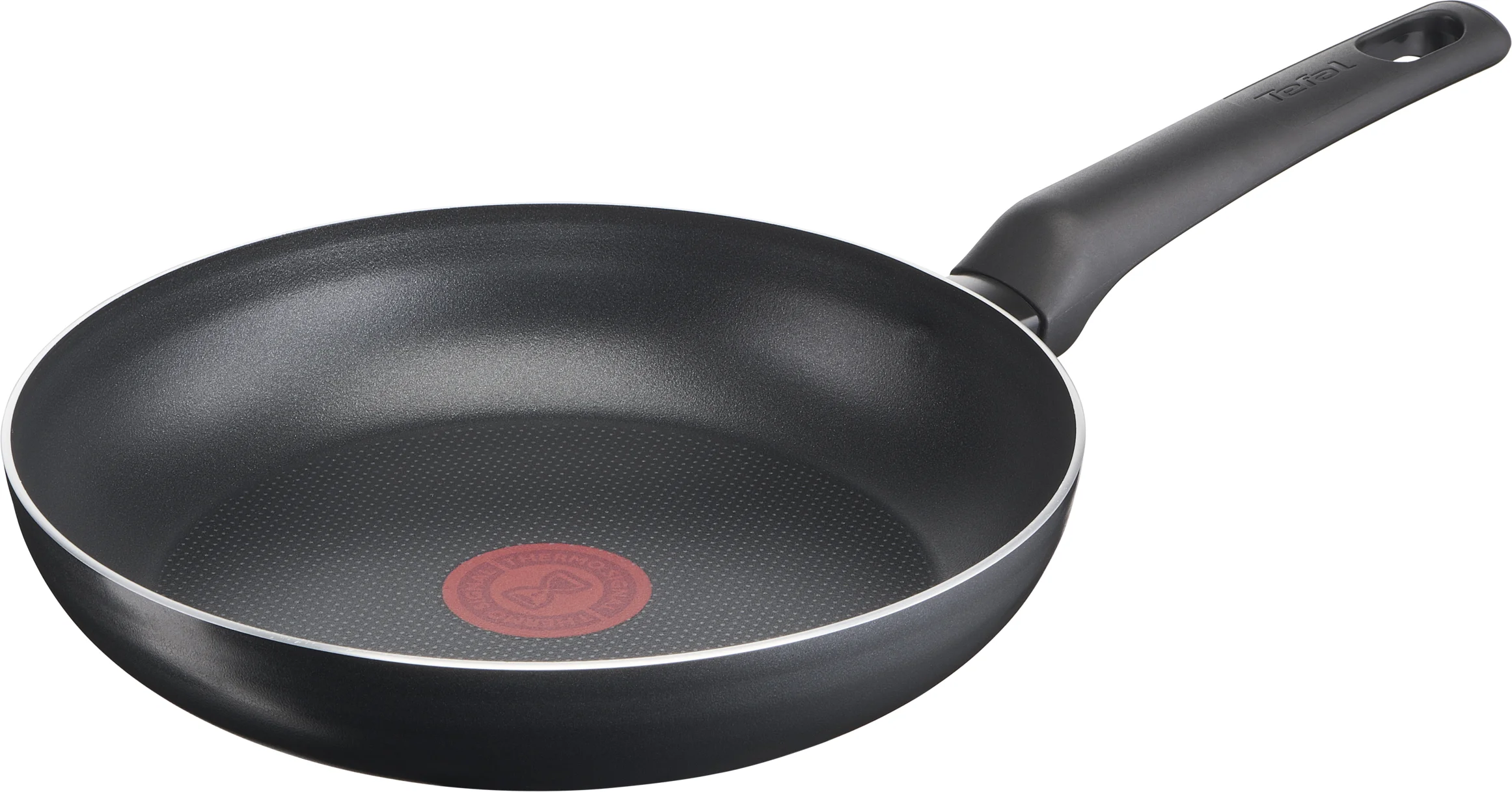 Pánev Tefal s černým nepřilnavým povrchem, červeným indikátorem teploty Thermo-Signal a černou rukojetí.