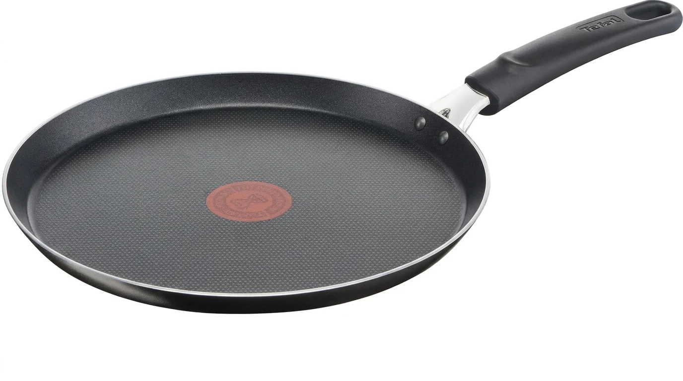 Palačinková pánev Tefal s nízkým okrajem, nepřilnavým povrchem, červeným bodem Thermo-Signal a černou rukojetí.