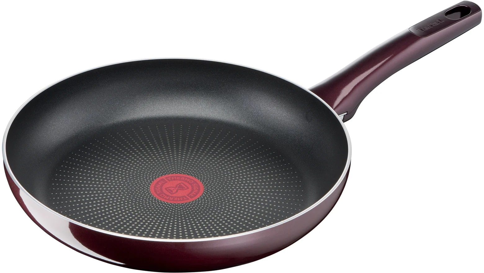 Pánev Tefal Resist Intense s vínovým tělem a černým nepřilnavým povrchem s červeným indikátorem Thermo-Signal uprostřed.