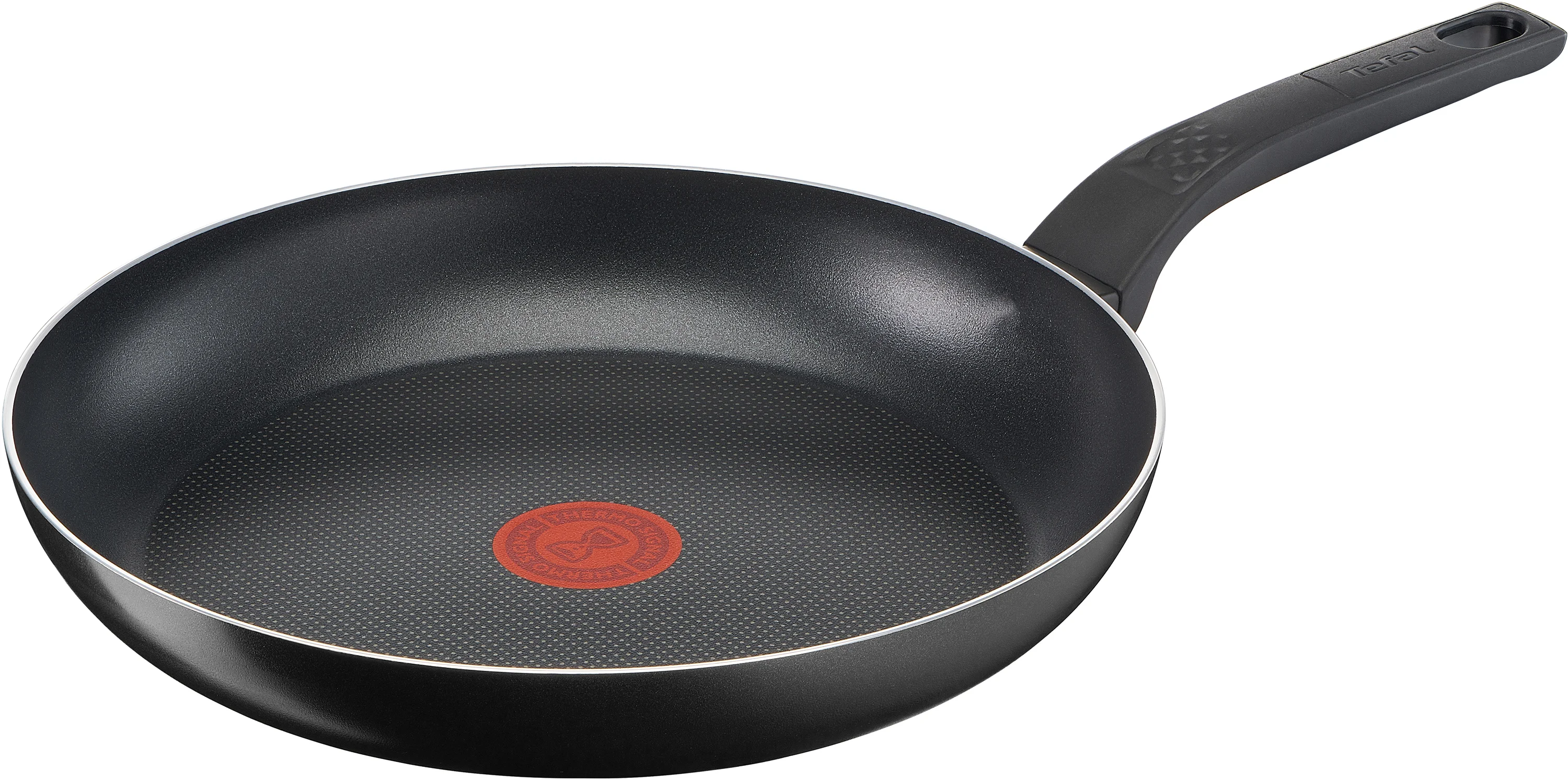 Černá pánev Tefal s nepřilnavým povrchem, červeným indikátorem Thermo-Signal uprostřed a ergonomickou rukojetí.