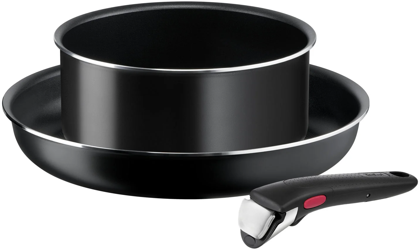 Černá pánev s vloženým rendlíkem a odnímatelnou rukojetí ze sady Tefal Ingenio.