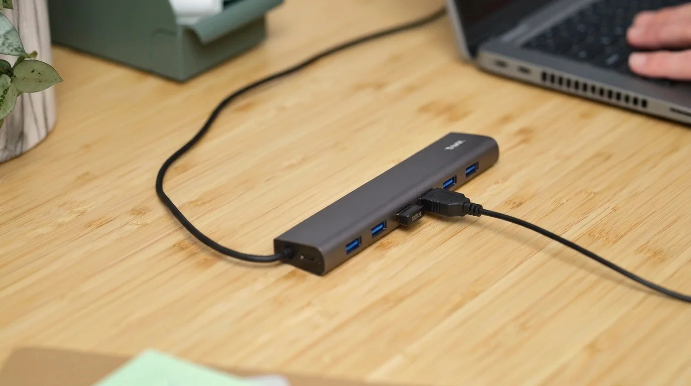 Sivý hliníkový USB rozbočovač Trust Halyx s pripojenými káblami položený na svetlom drevenom stole.